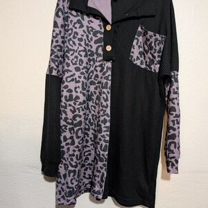 Black and Purple Leopard Print Button-Up Shirt